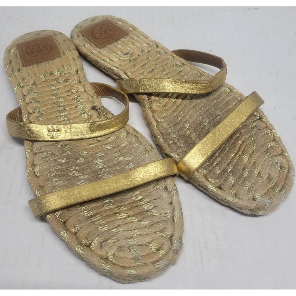 Tory Burch‎ Metallic Leather Espadrille Slide Sandals Woven Rope Flat Logo sz 10